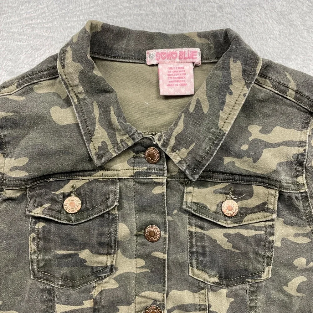Soho Blue Camo Denim Jacket Girls 10/12 Green Camouflage Stretch Trucker